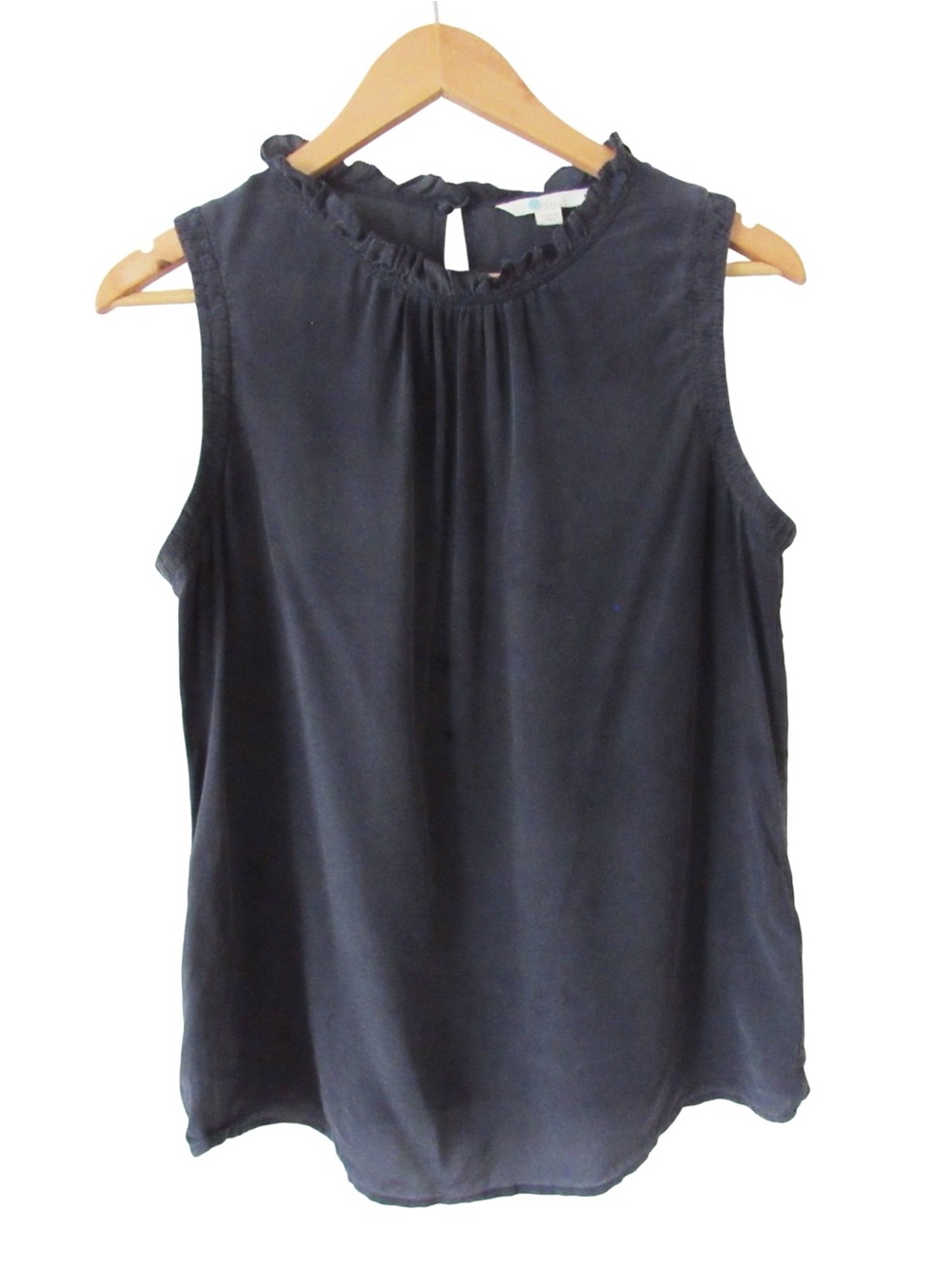 Boden Navy Silk Chiffon Sleeveless Blouse 8 Ruffle Neck Keyhole Back Office FLAW